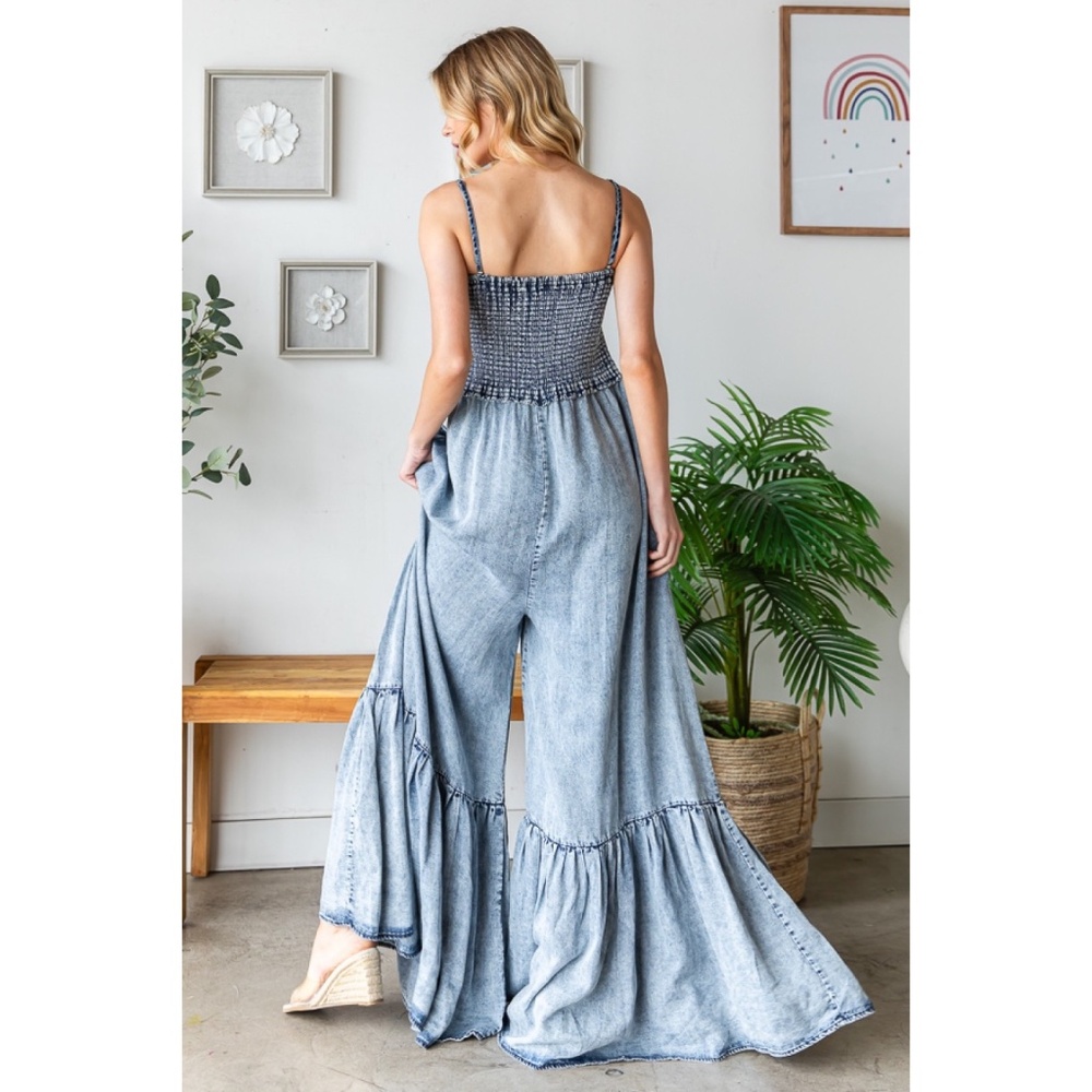 Oli & Hali Mineral Washed Flowy Tencel Denim Relaxed Fit Wide Leg Jumpsuit - Picture 6 of 8